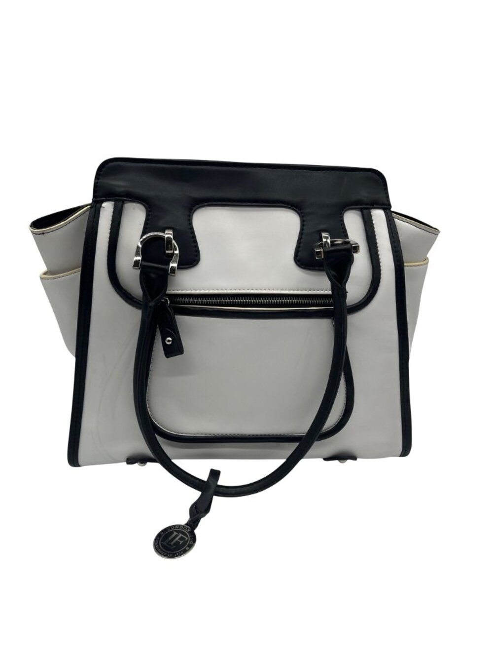 London Fog White And Black Faux Leather Shoulder Bag